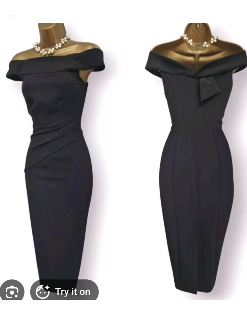 Karen Millen Black Bardot Off Shoulder Ruched Waist Bodycon Sheath Dress US 10
